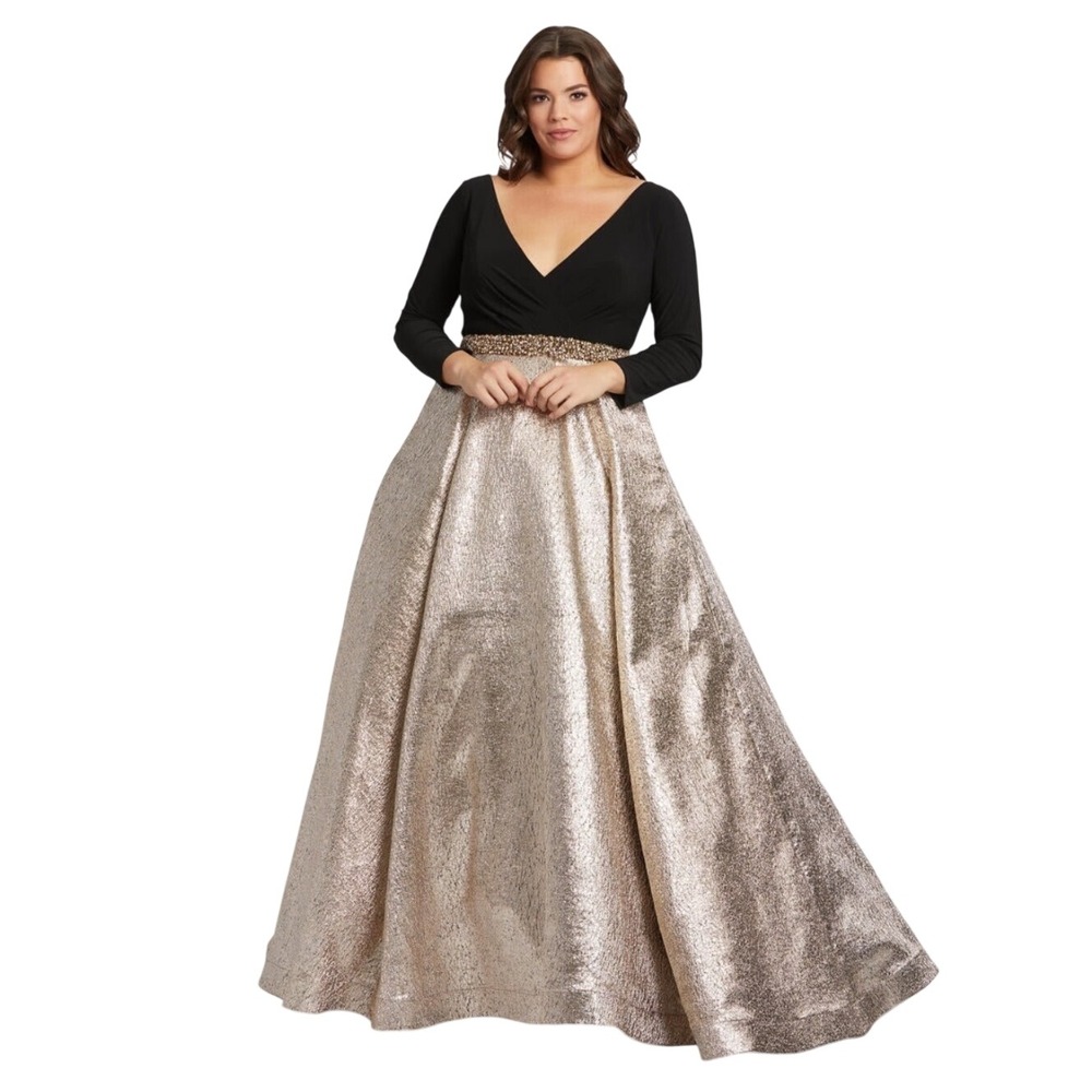 Mac Duggal 20W Black Gold Metallic Ball Gown Beaded Waist Formal Prom Plus Size